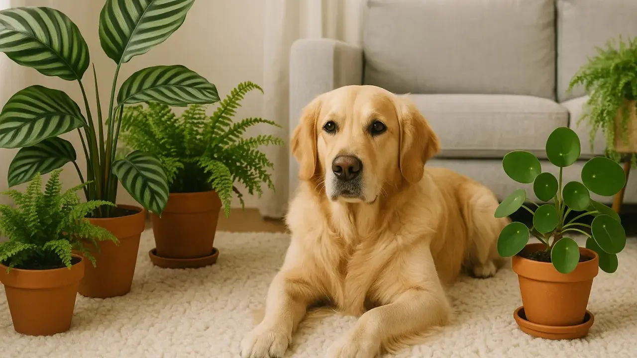 Złoty retriever leży obok roślin bezpiecznych dla psa: paproci i kalatei.