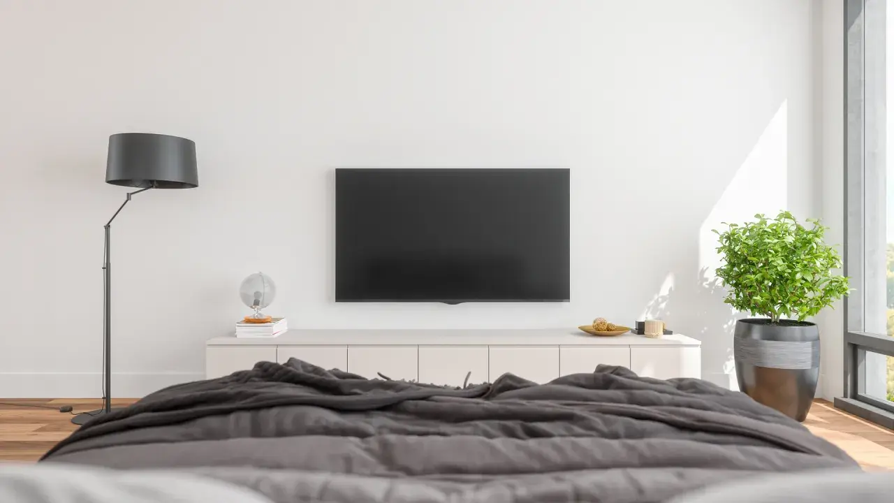 Nowoczesna sypialnia z dużym telewizorem na ścianie, wygodnym łóżkiem i stylową lampą.