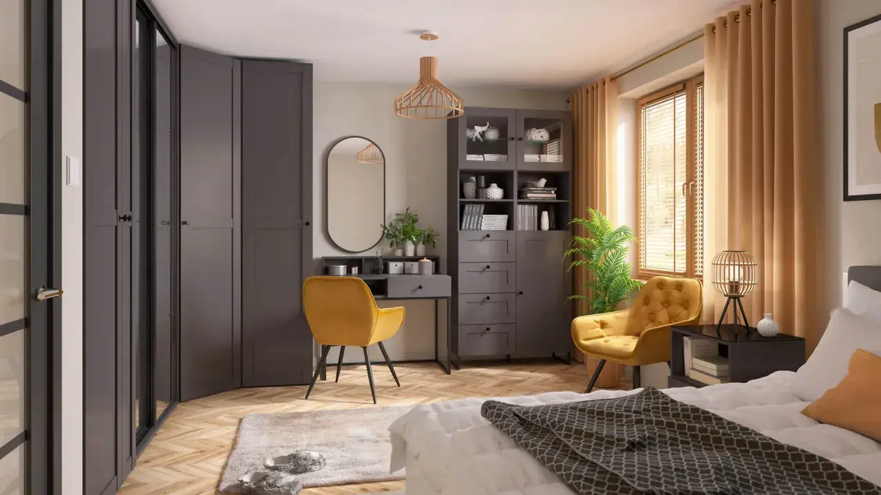 Nowoczesna sypialnia z szarą garderobą, żółtym fotelem i toaletką. Inspiracja, jak urządzić sypialnię w eleganckim stylu.