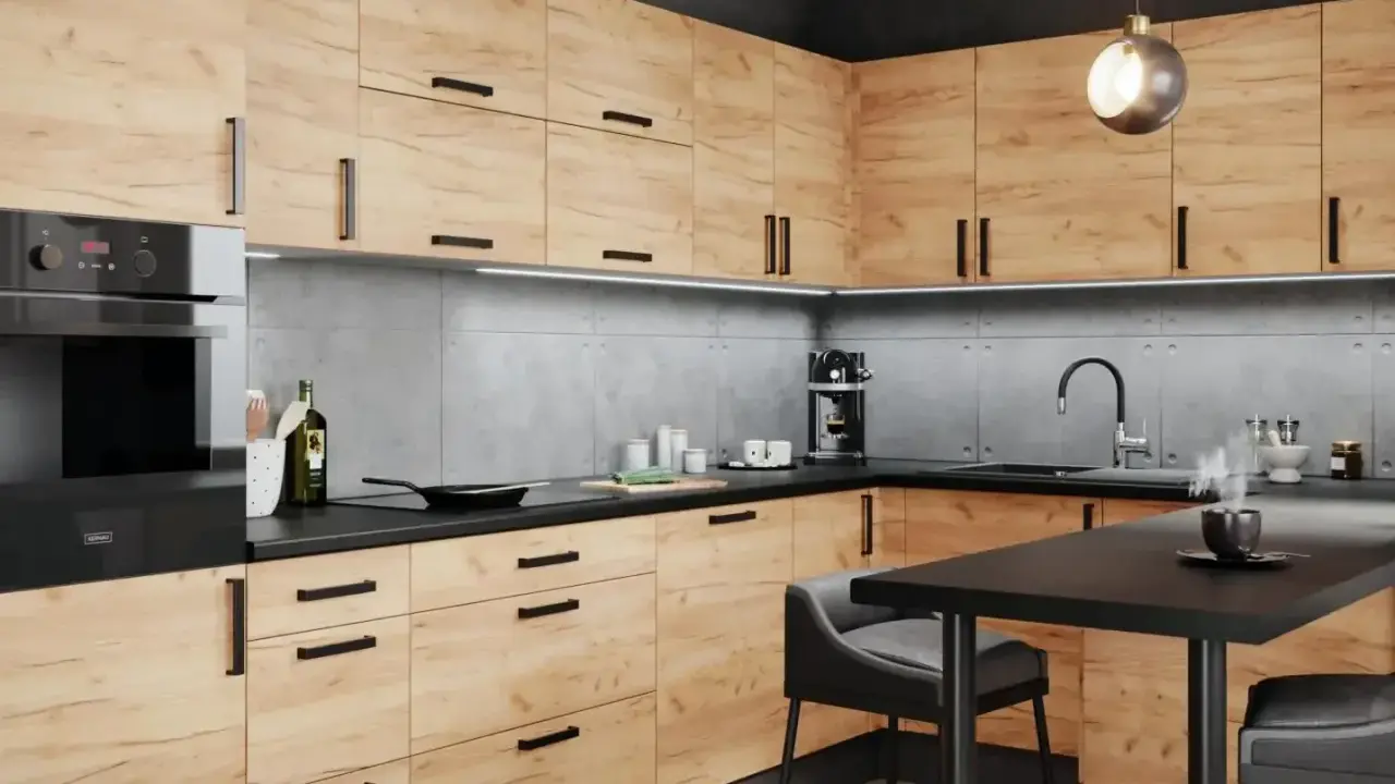 Nowoczesna kuchnia boho loft z drewnianymi frontami, szarym blatem i betonową ścianą. Idealne miejsce na poranną kawę.