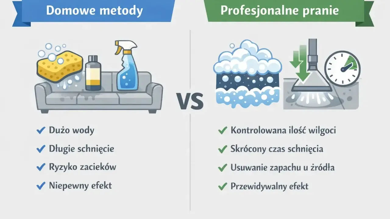 Porównanie domowe pranie tapicerki z metodami profesjonalnymi: więcej wody, długie schnięcie, ryzyko zacieków vs. kontrola wilgoci, szybkie schnięcie, pewny efekt.