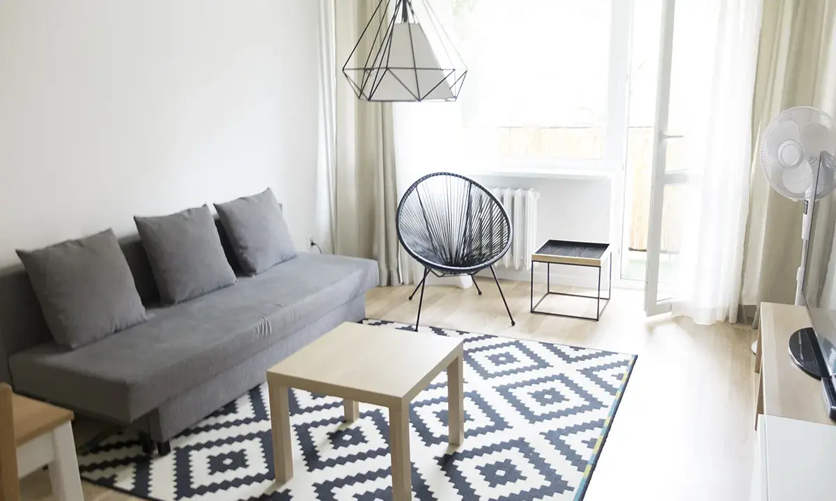 Nowoczesny salon z szarą kanapą i geometrycznym dywanem. Stylowa metamorfoza pokoju tanim kosztem.