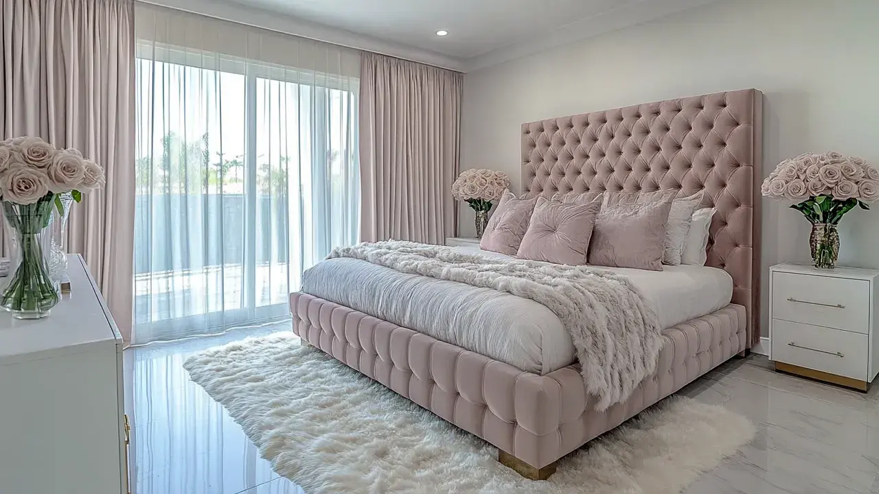 Elegancka, nowoczesna sypialnia glamour w odcieniach różu. Miękkie, pikowane łóżko, puszysty dywan i kryształowy żyrandol tworzą luksusową atmosferę.