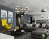 Nowoczesny salon z szarą sofą, żółtym fotelem i designerskim żyrandolem. Co to jest kinkiet? To lampa ścienna, której tu nie widać, ale jest ważnym elementem oświetlenia.