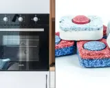 Jak wyczyścić piekarnik tabletką do zmywarki? Obok nowoczesnego piekarnika widać stos kolorowych tabletek.