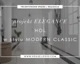 Elegancki przedpokój modern classic z błyszczącą podłogą, lustrzaną komodą i aksamitnym pufem.