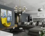 Nowoczesny salon z szarą kanapą i żółtym fotelem. Jak rozjaśnić ciemny pokój? Jasne obrazy i designerska lampa dodają światła.