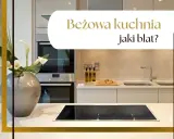 Nowoczesna, beżowa kuchnia z białym blatem, na którym znajduje się płyta indukcyjna i wazon z kaliami.