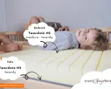 Jaki materac dla dziecka 10 lat? Na zdjęciu chłopiec leży na materacu z pianki, który ma dwie strefy twardości: H2 (średnio-twardy) i H3 (twardy).