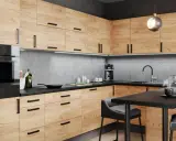 Nowoczesna kuchnia boho loft z drewnianymi frontami, szarym blatem i betonową ścianą. Idealne miejsce na poranną kawę.