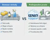 Porównanie domowe pranie tapicerki z metodami profesjonalnymi: więcej wody, długie schnięcie, ryzyko zacieków vs. kontrola wilgoci, szybkie schnięcie, pewny efekt.