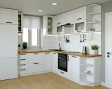 Nowoczesna kuchnia biało czarna z drewnianym blatem i kamiennym backsplash. Wygodne szafki i funkcjonalny sprzęt AGD.