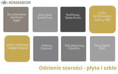 Paleta odcieni szarości: szczotkowane aluminium, szary lawa, grafitowy, stalowy, Sati platynowy, Grey Classic. Kolor szary znaczenie ma w nowoczesnych wnętrzach.