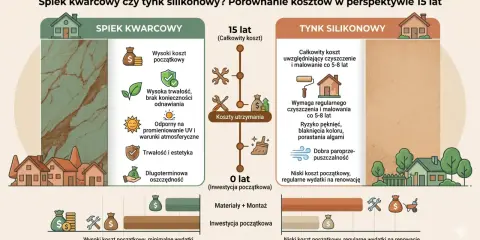 Spiek kwarcowy ma wysoki koszt początkowy, ale brak wad i długoterminową oszczędność. Tynk silikonowy wymaga regularnych nakładów.