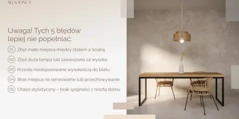 Minimalne **miejsca na stół z krzesłami** w jadalni. Unikaj błędów: za mało przestrzeni, zła lampa, niedopasowane krzesła, brak miejsca na serwowanie, chaos stylistyczny.