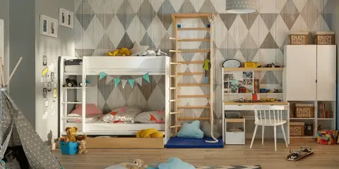 Pokój dziecięcy z białym łóżkiem piętrowym, drabinką i biurkiem. Na podłodze pluszaki i namiot tipi.