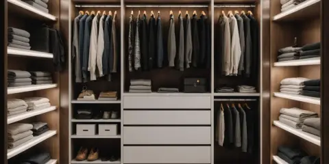 Nowoczesna garderoba z dyskretnym oświetleniem, które podkreśla porządek i elegancję ubrań.