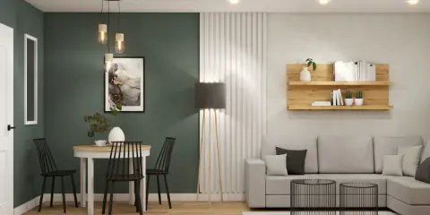Nowoczesne oświetlenie salonu z jadalnią aranżacje: wisząca lampa nad stołem, stojąca lampa przy kanapie i dyskretne światła sufitowe tworzą przytulną atmosferę.