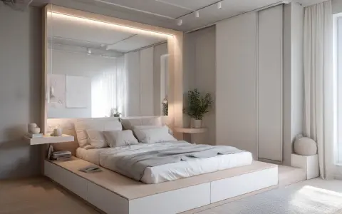 Minimalistyczna, jasna sypialnia z dużym lustrem nad łóżkiem. Mała sypialnia inspiracje: proste formy, drewno i biel.