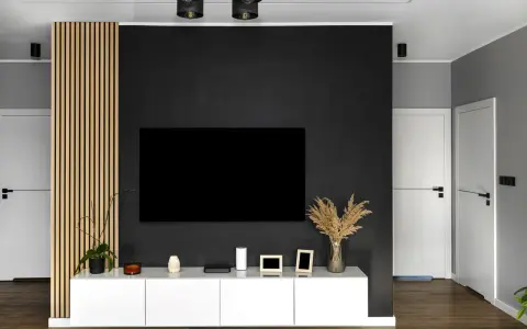 Nowoczesny salon z czarną ścianą TV, białym meblem i drewnianą okładziną.