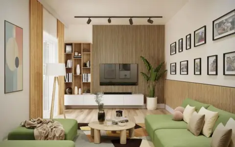 Nowoczesny salon z zieloną kanapą i stolikiem kawowym. Ściana za telewizorem ozdobiona jest pionowymi lamelami, które nadają wnętrzu ciepła i elegancji.