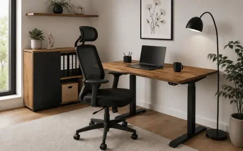 Nowoczesne domowe biuro: biurko z regulacją wysokości, wygodne krzesło, laptop i lampa. Idealne miejsce, by dowiedzieć się, jak urządzić domowe biuro.