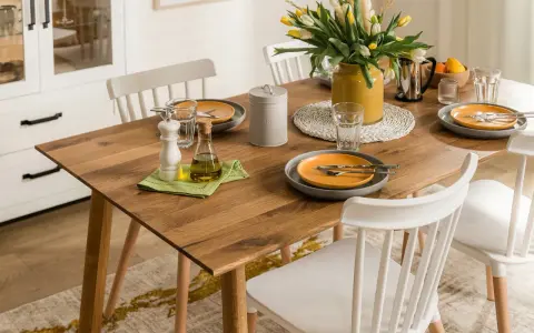 Elegancka, codzienna dekoracja stołu w salonie: drewniany blat, żółte tulipany, oliwa i przyprawy.