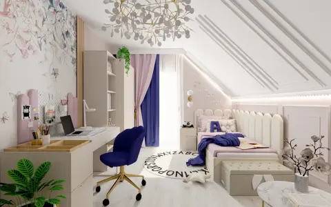 Uroczy pokój boho dla dziewczynki z motywem kwiatów i motyli na tapecie, biurkiem, łóżkiem i okrągłym dywanem z literami.