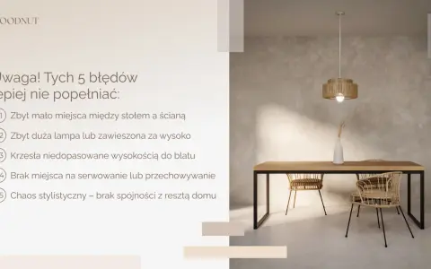 Minimalne **miejsca na stół z krzesłami** w jadalni. Unikaj błędów: za mało przestrzeni, zła lampa, niedopasowane krzesła, brak miejsca na serwowanie, chaos stylistyczny.