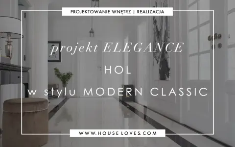 Elegancki przedpokój modern classic z błyszczącą podłogą, lustrzaną komodą i aksamitnym pufem.