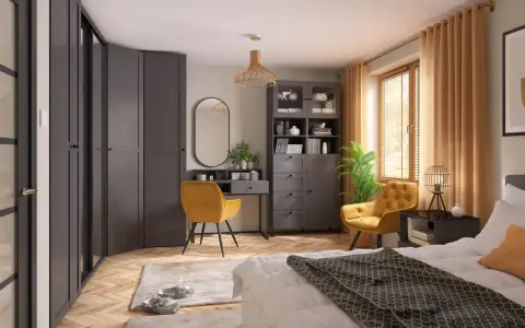 Nowoczesna sypialnia z szarą garderobą, żółtym fotelem i toaletką. Inspiracja, jak urządzić sypialnię w eleganckim stylu.