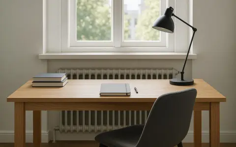 Drewniane biurko pod oknem z kaloryferem. Na blacie notatnik, długopis i lampka. Obok krzesło.