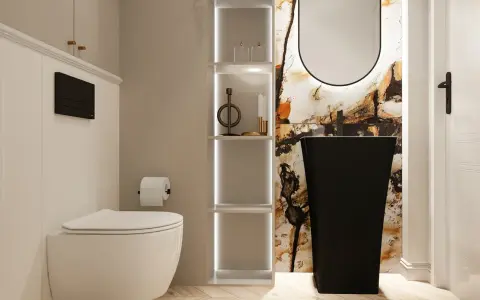 Nowoczesna, mała wąska toaleta z białym WC, czarną umywalką wolnostojącą i ozdobną ścianą.