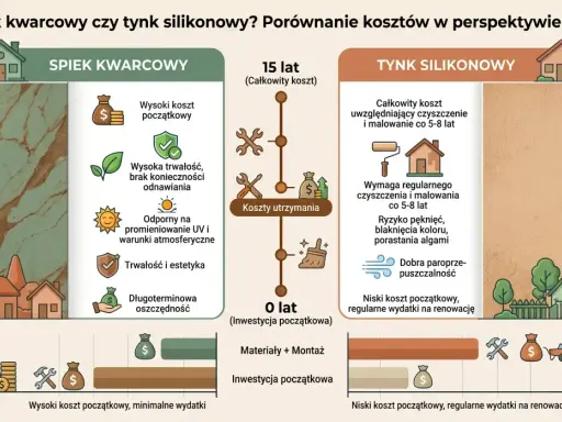 Spiek kwarcowy ma wysoki koszt początkowy, ale brak wad i długoterminową oszczędność. Tynk silikonowy wymaga regularnych nakładów.