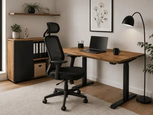 Nowoczesne domowe biuro: biurko z regulacją wysokości, wygodne krzesło, laptop i lampa. Idealne miejsce, by dowiedzieć się, jak urządzić domowe biuro.