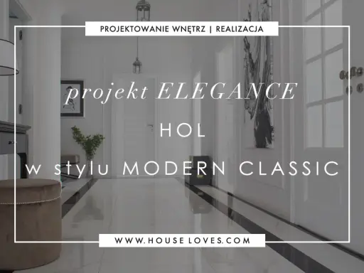 Elegancki przedpokój modern classic z błyszczącą podłogą, lustrzaną komodą i aksamitnym pufem.