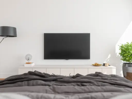 Nowoczesna sypialnia z dużym telewizorem na ścianie, wygodnym łóżkiem i stylową lampą.