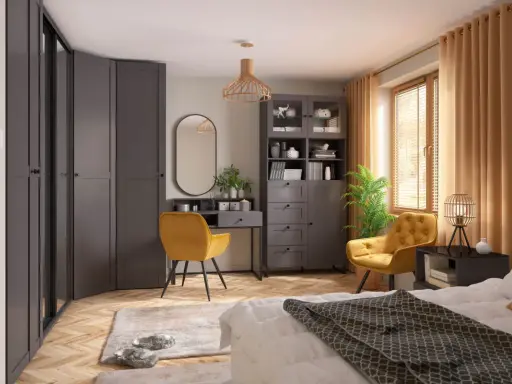 Nowoczesna sypialnia z szarą garderobą, żółtym fotelem i toaletką. Inspiracja, jak urządzić sypialnię w eleganckim stylu.