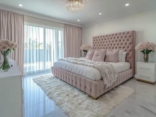 Elegancka, nowoczesna sypialnia glamour w odcieniach różu. Miękkie, pikowane łóżko, puszysty dywan i kryształowy żyrandol tworzą luksusową atmosferę.