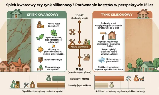 Spiek kwarcowy ma wysoki koszt początkowy, ale brak wad i długoterminową oszczędność. Tynk silikonowy wymaga regularnych nakładów.