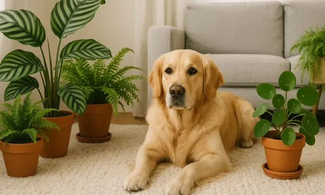 Złoty retriever leży obok roślin bezpiecznych dla psa: paproci i kalatei.