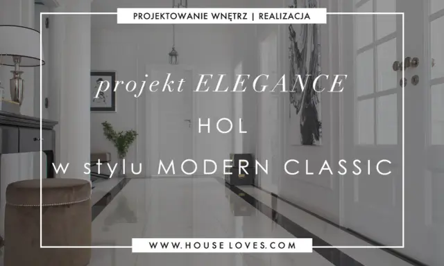 Elegancki przedpokój modern classic z błyszczącą podłogą, lustrzaną komodą i aksamitnym pufem.