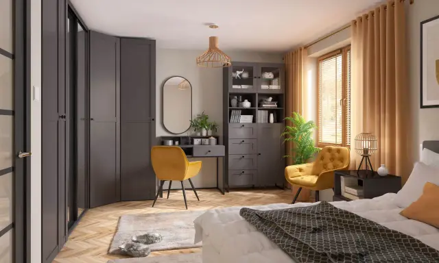 Nowoczesna sypialnia z szarą garderobą, żółtym fotelem i toaletką. Inspiracja, jak urządzić sypialnię w eleganckim stylu.