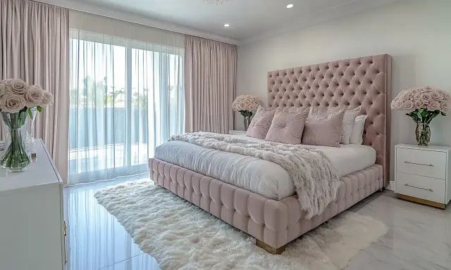 Elegancka, nowoczesna sypialnia glamour w odcieniach różu. Miękkie, pikowane łóżko, puszysty dywan i kryształowy żyrandol tworzą luksusową atmosferę.