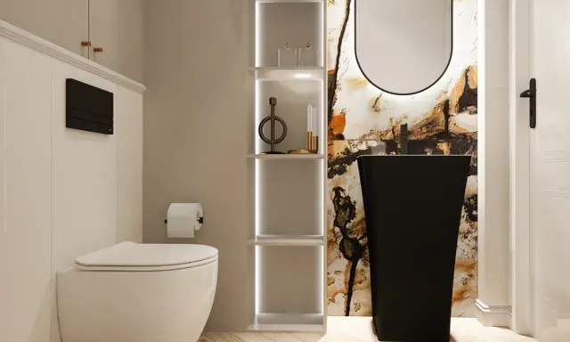 Nowoczesna, mała wąska toaleta z białym WC, czarną umywalką wolnostojącą i ozdobną ścianą.