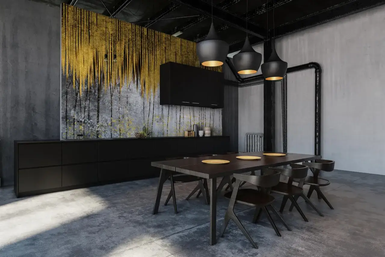 Nowoczesna kuchnia w stylu loftowym z czarnymi meblami, złotą tapetą i betonową podłogą.