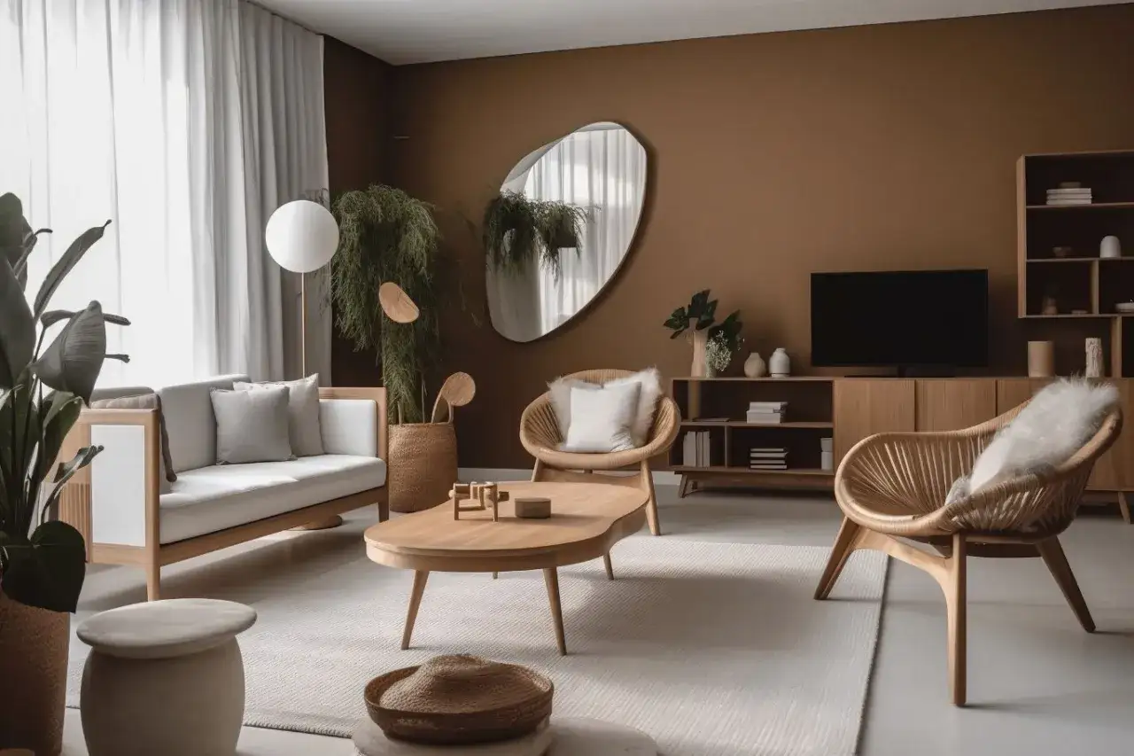 Jasne beże i biel idealnie komponują się z brązem, tworząc przytulne wnętrze. Wygodna sofa, fotele i stolik kawowy zapraszają do relaksu.