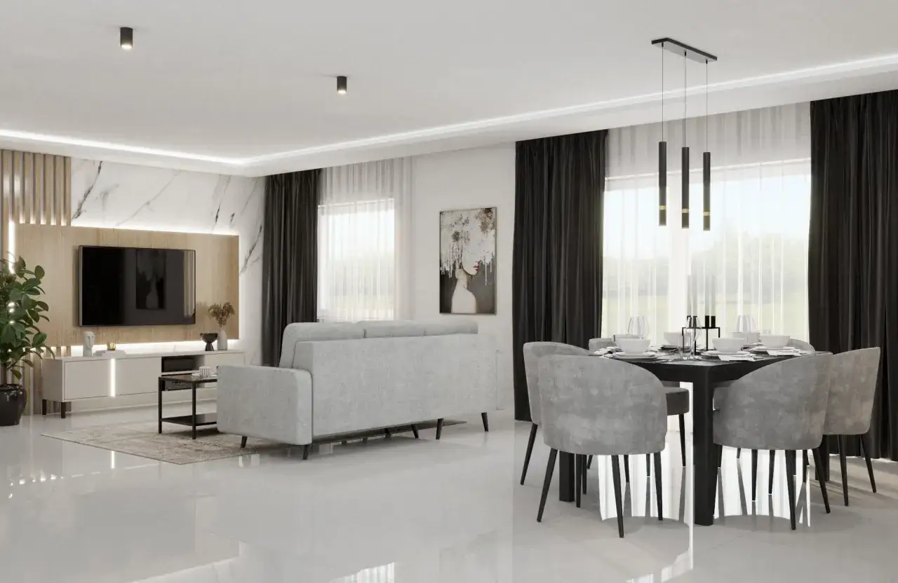 Nowoczesny salon z jasną sofą i ciemnym stołem. Idealny przykład, jak łączyć ciemne meble z jasnymi, tworząc elegancką przestrzeń.