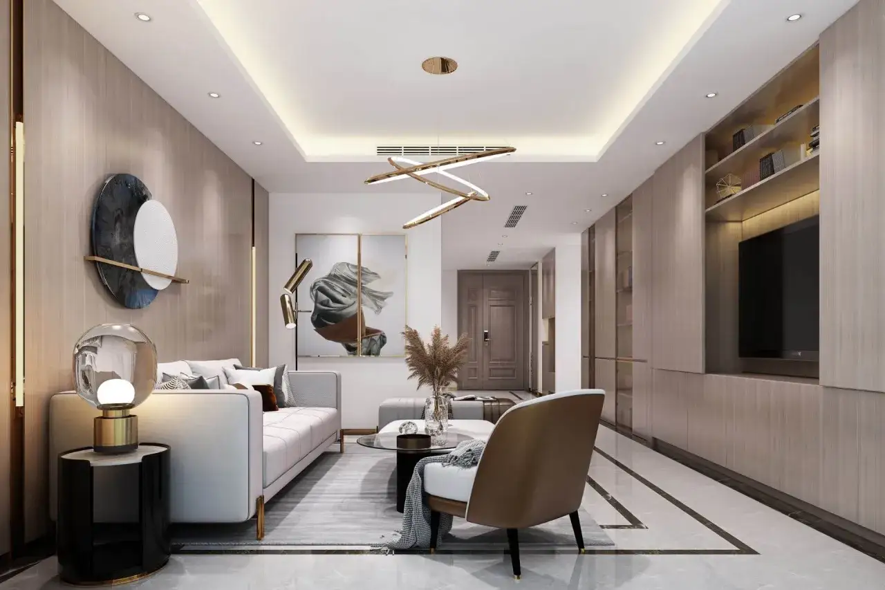 Nowoczesny salon z podwieszanym sufitem, który stanowi świetny pomysł na sufit w pokoju. Oświetlenie LED i designerska lampa dodają elegancji.
