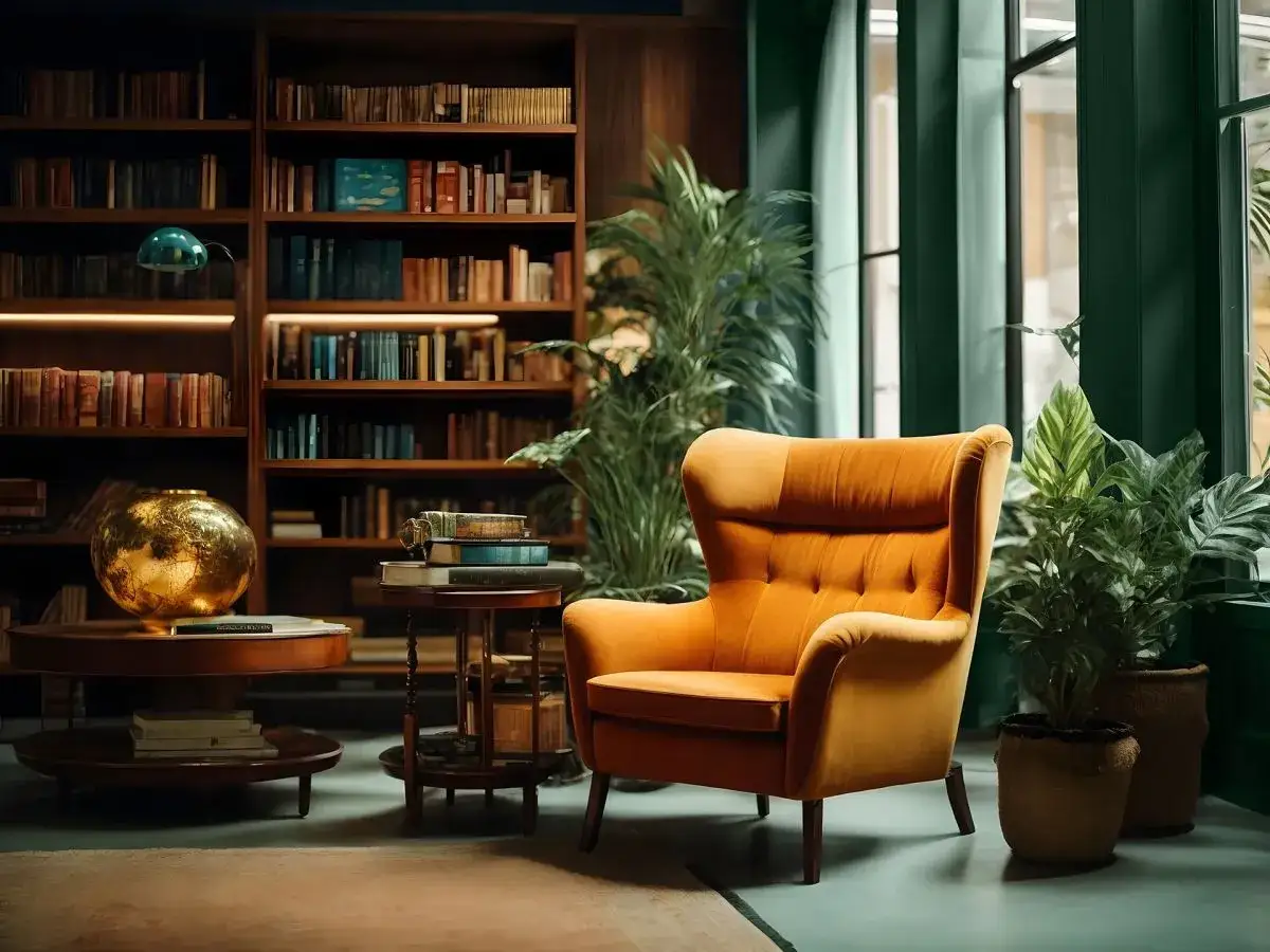 Przytulna biblioteka w domu: inspiracje dla miłośników książek. Pomarańczowy fotel, regały pełne literatury i rośliny tworzą idealne miejsce do czytania.